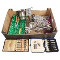 Various cased sets of teaspoons and cutlery, a silver plate on copper wine funnel, tankard, tureen