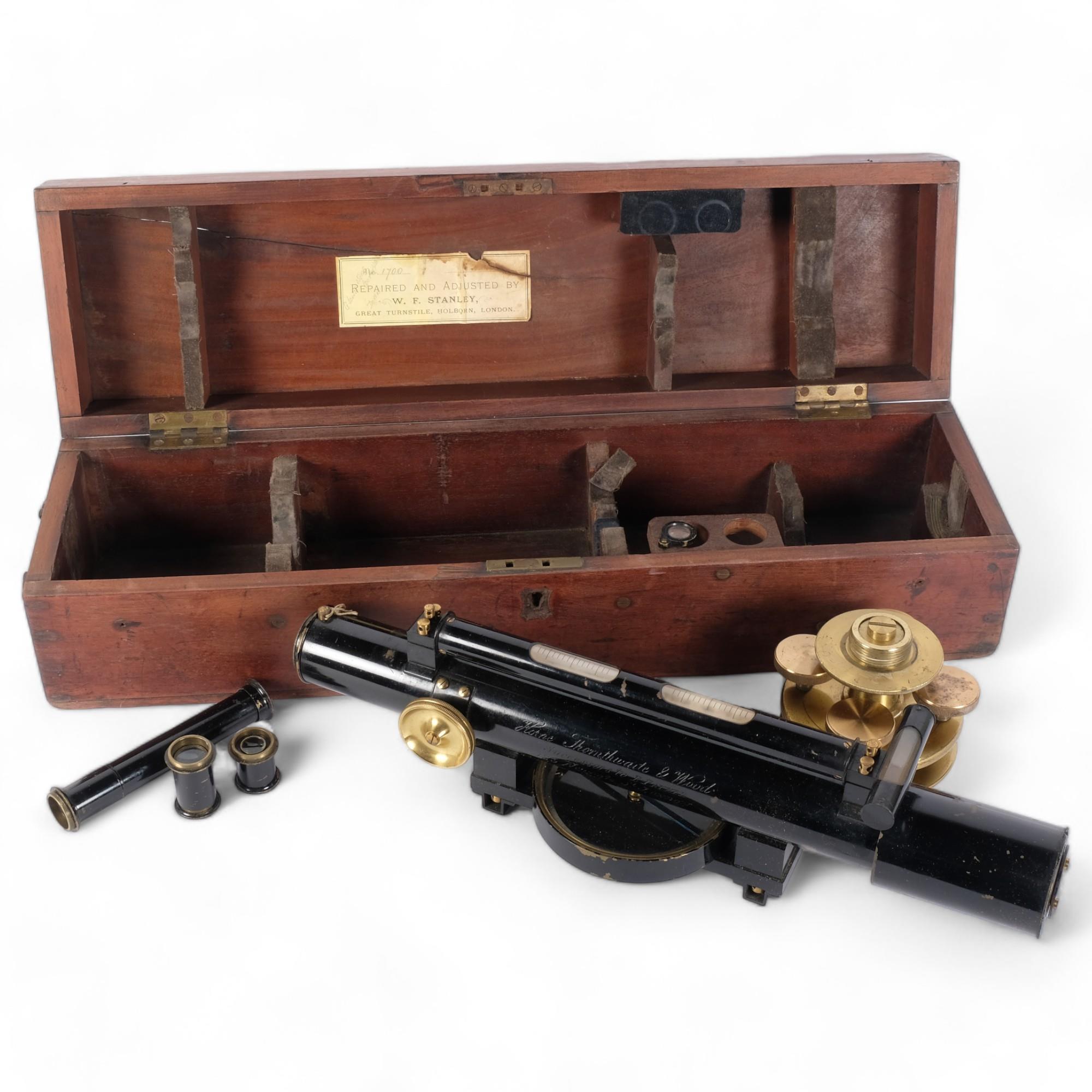 Horne Thornthwaite & Wood, an early 20th century surveyor's level with accessories, cased