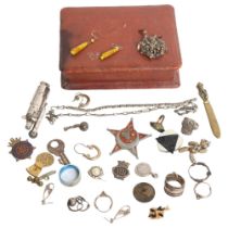A box of various costume and other items, including silver and marcasite and other rings, a World