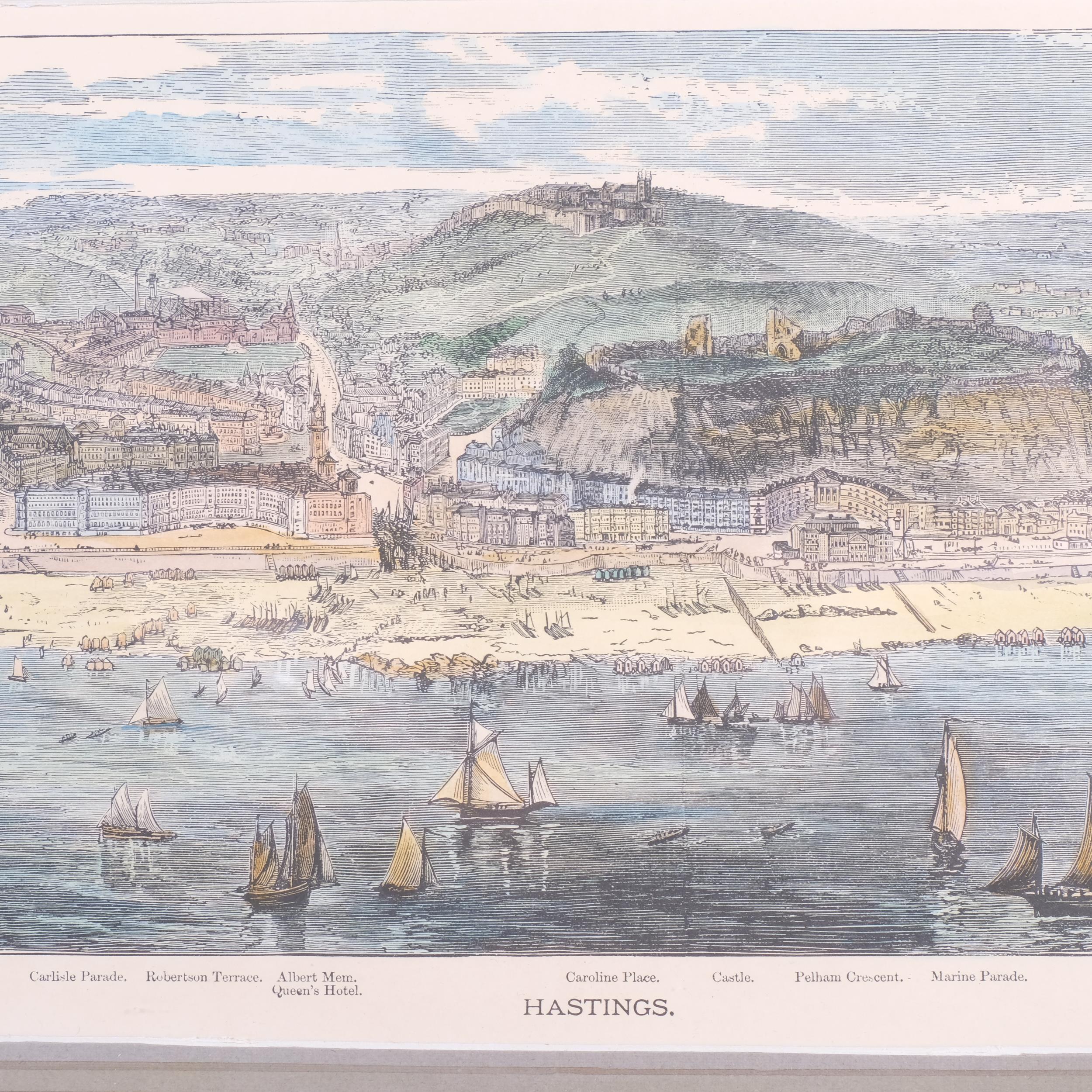 A framed panorama of Hastings, 33cm x 65cm overall, and 6 other Antique prints of the town - Image 2 of 2