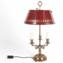 A Regency design 3-branch brass table lamp, with enamelled tin shade, H64cm