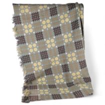 A green ground Welsh woven wool blanket, with black yellow and cream pattern, 224cm x 230cm,