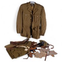 Army uniform beret, trousers, a swagger stick, caps, together with spats and horses bridle parts