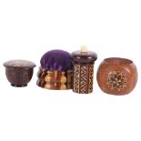 A group of Tunbridge Ware decorated items, including a salve pot, a go-to-bed, napkin ring, and