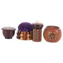 A group of Tunbridge Ware decorated items, including a salve pot, a go-to-bed, napkin ring, and