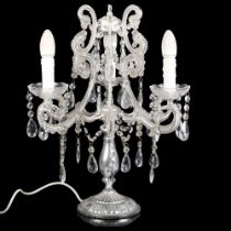 A heavy silvered 6-branch 3-light candelabrum, with applied glass beads and lustre drops, H55cm