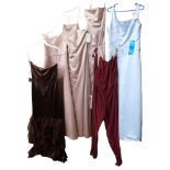 5 various lady's design silk evening gowns, makes include Milano, Country Brides, and a jump suit