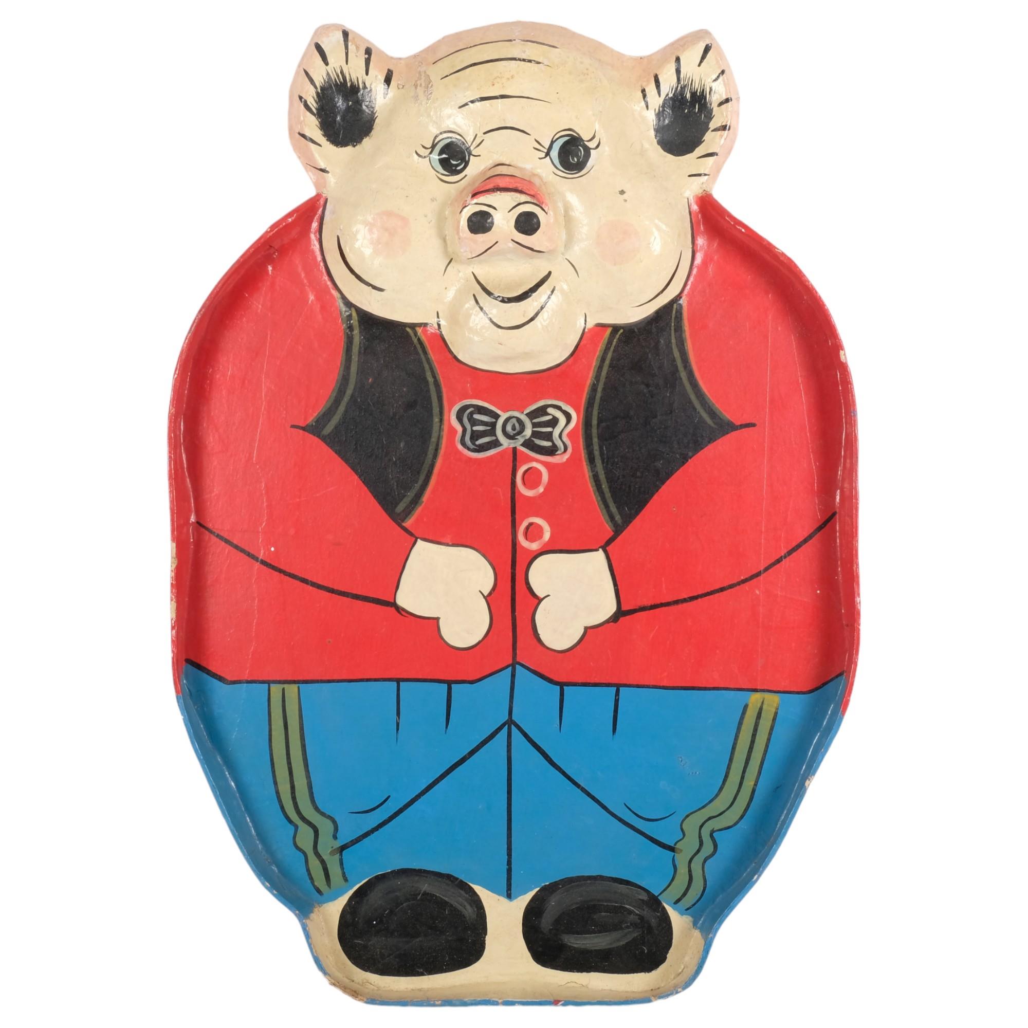 A Vintage papier mache serving tray or board game, in the form of a pig, 58cm x 40cm