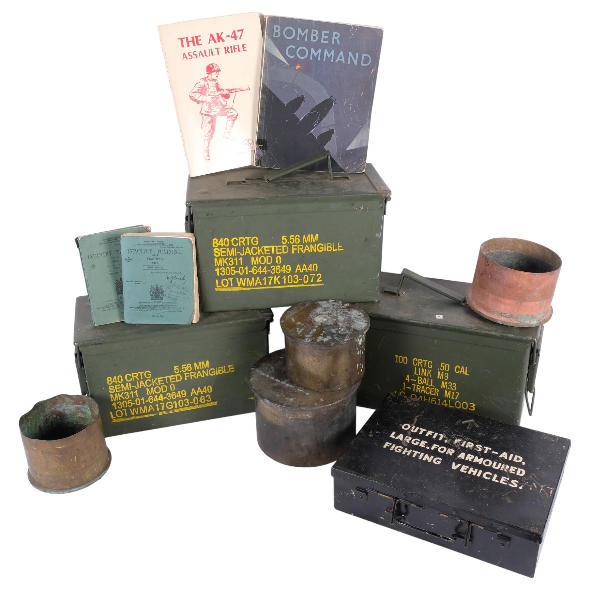 3 ammo boxes, 3 British 4.5 inch mortar shell cases from 1915 and 1918 and one German mortar shell