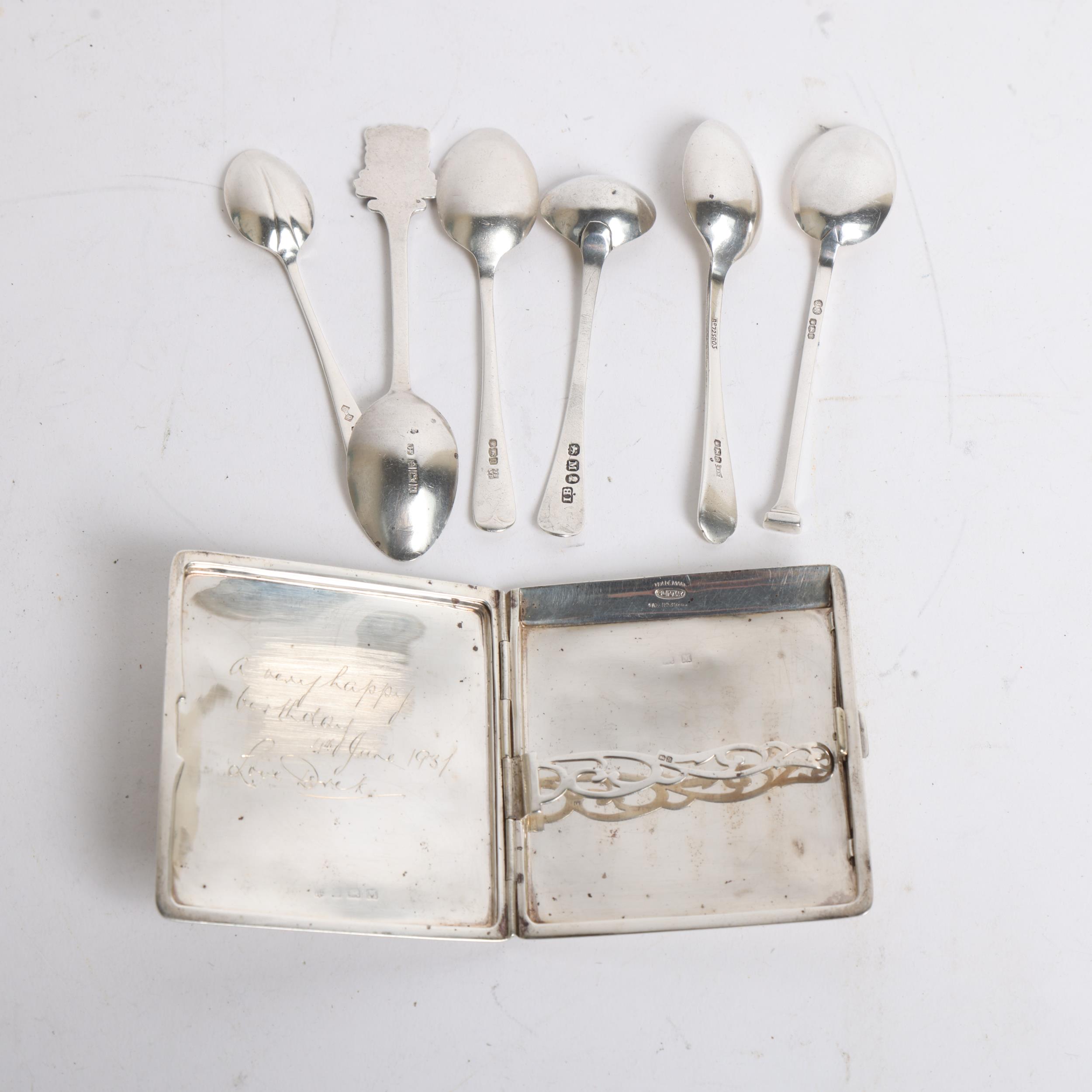 Circa 1930s engine turned silver cigarette case, and 6 various tea and salt spoons, 4.9oz gross - Image 2 of 2