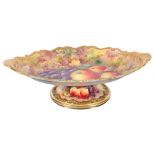 Royal Worcester, a pedestal comport, with hand painted fruit and floral decoration, by T Lockyer,