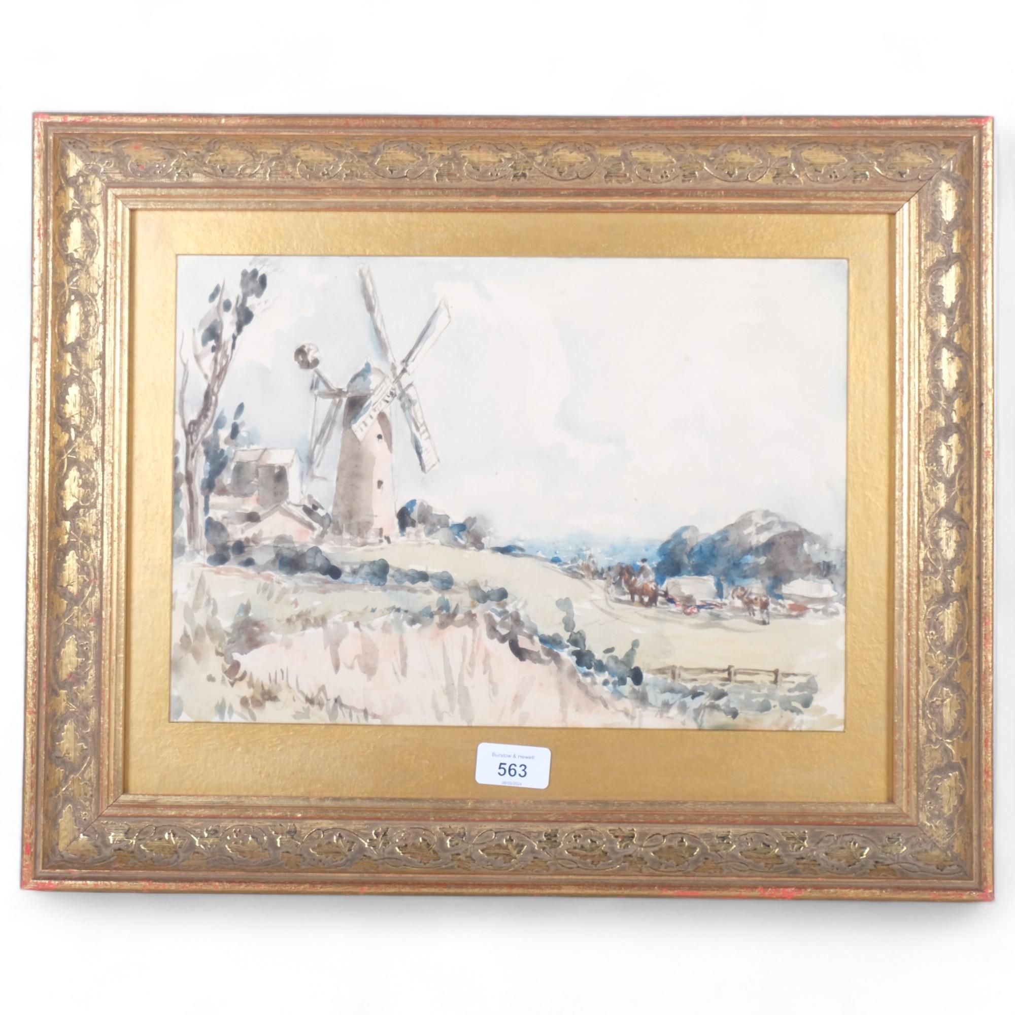 Landscape view towards a windmill, early to mid-20th century watercolour, unsigned, 24cm x 35cm,