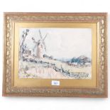 Landscape view towards a windmill, early to mid-20th century watercolour, unsigned, 24cm x 35cm,