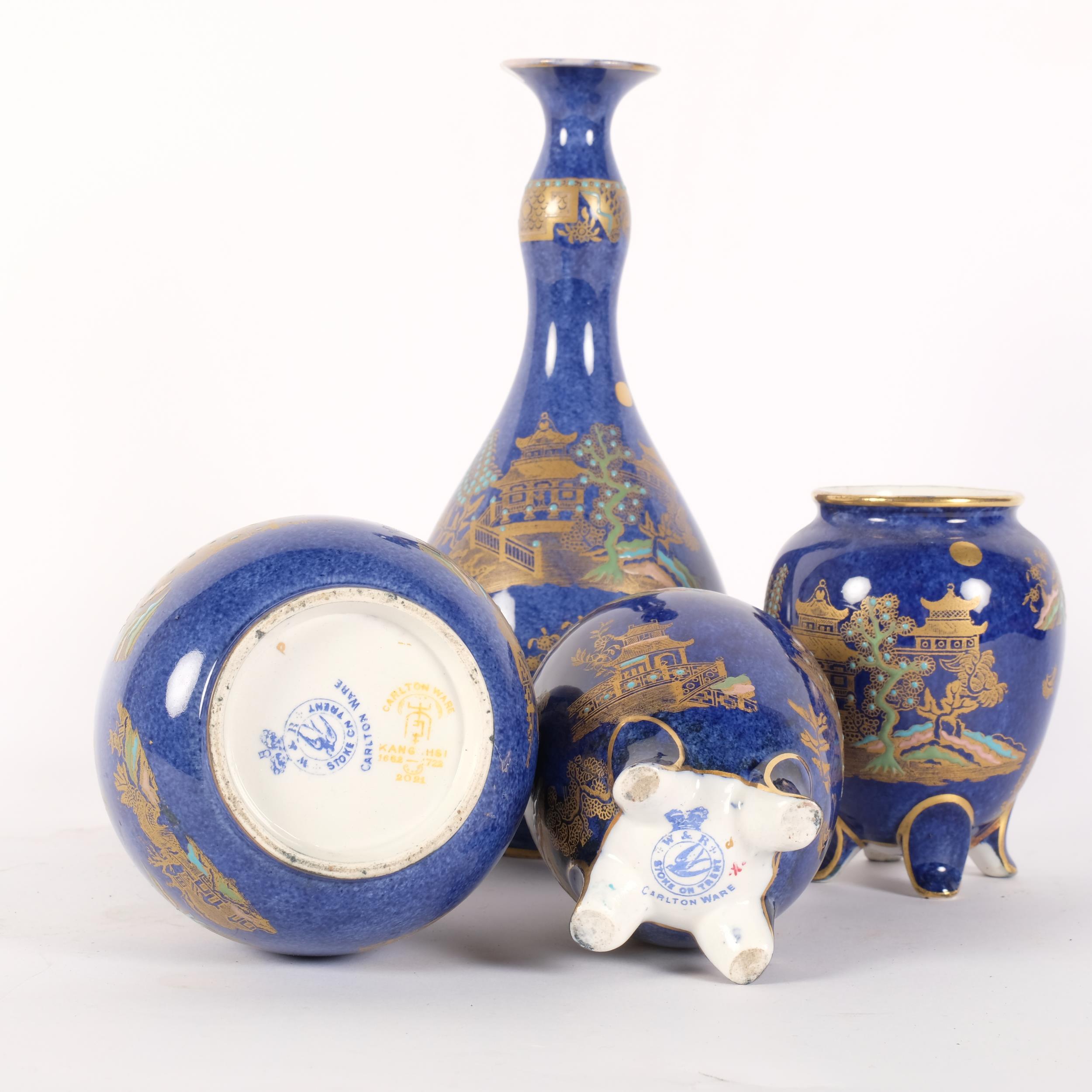 A pair of Carlton Ware blue ground vases in "Kang Hsi" pattern, with enamelled and gilded - Image 2 of 2