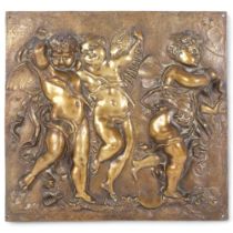 A cast-bronze high relief plaque, decorated with cherubs, 34cm x 32cm