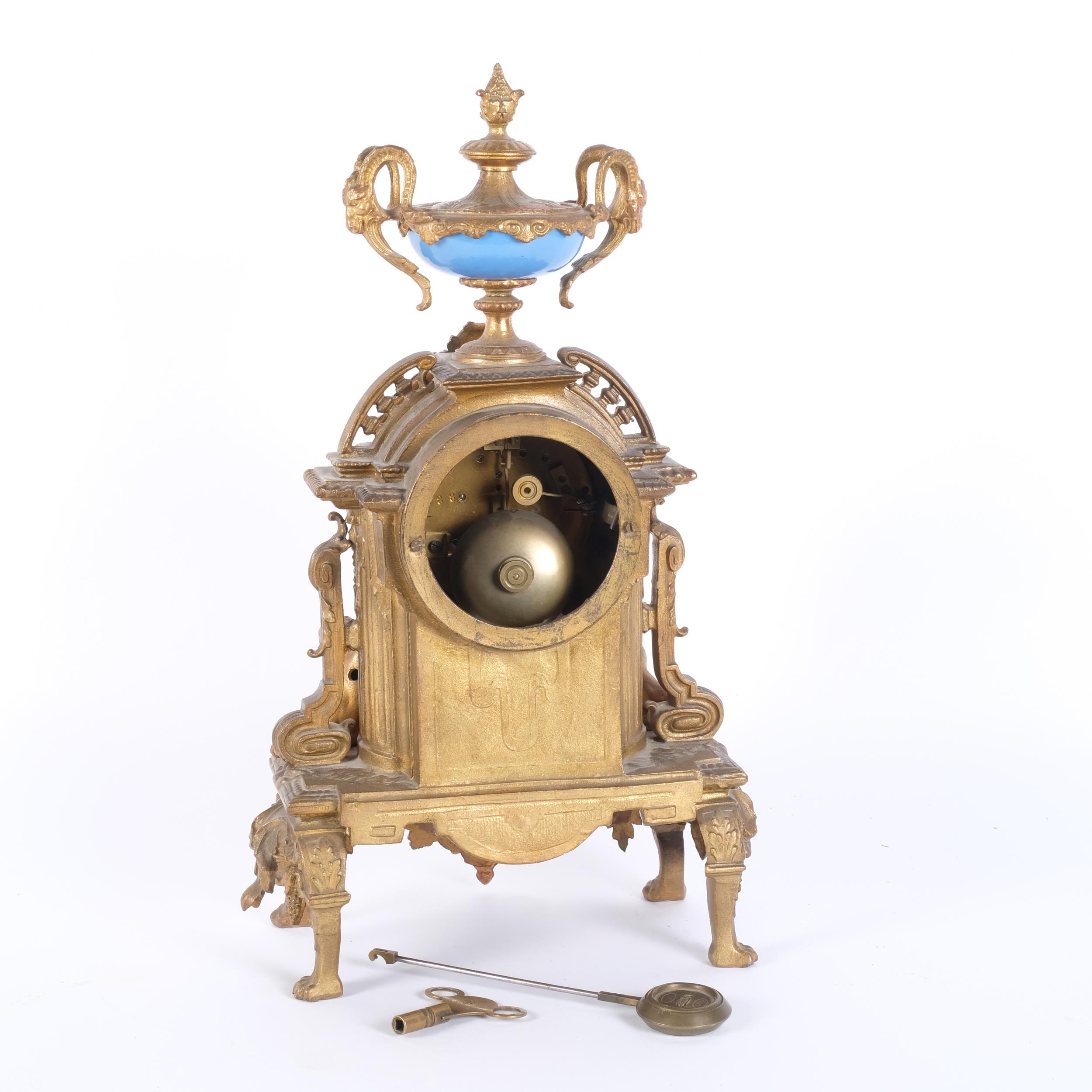 A 19th century French gilt-metal mantel clock, 8-day striking movement, with painted dial and - Image 2 of 2