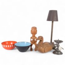 Brass table lamp with twist column, 52cm, a carved wood duck and Tribal figure, Norwegian