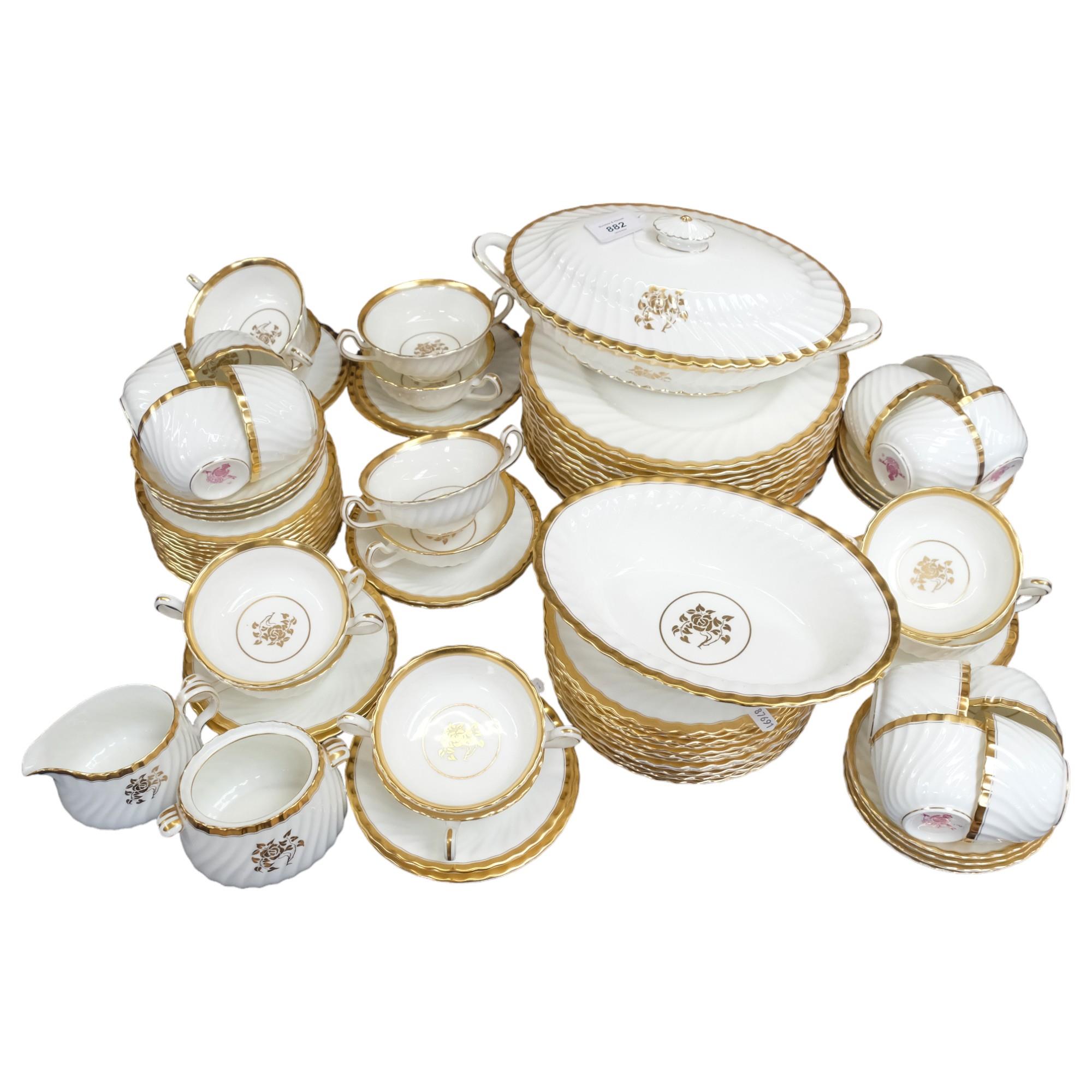 Minton's "Gold Rose" pattern dinner service for 12 people, including vegetable tureen and serving