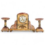 A Continental Art Deco coloured marble clock garniture, with 2-train movement and embossed metal
