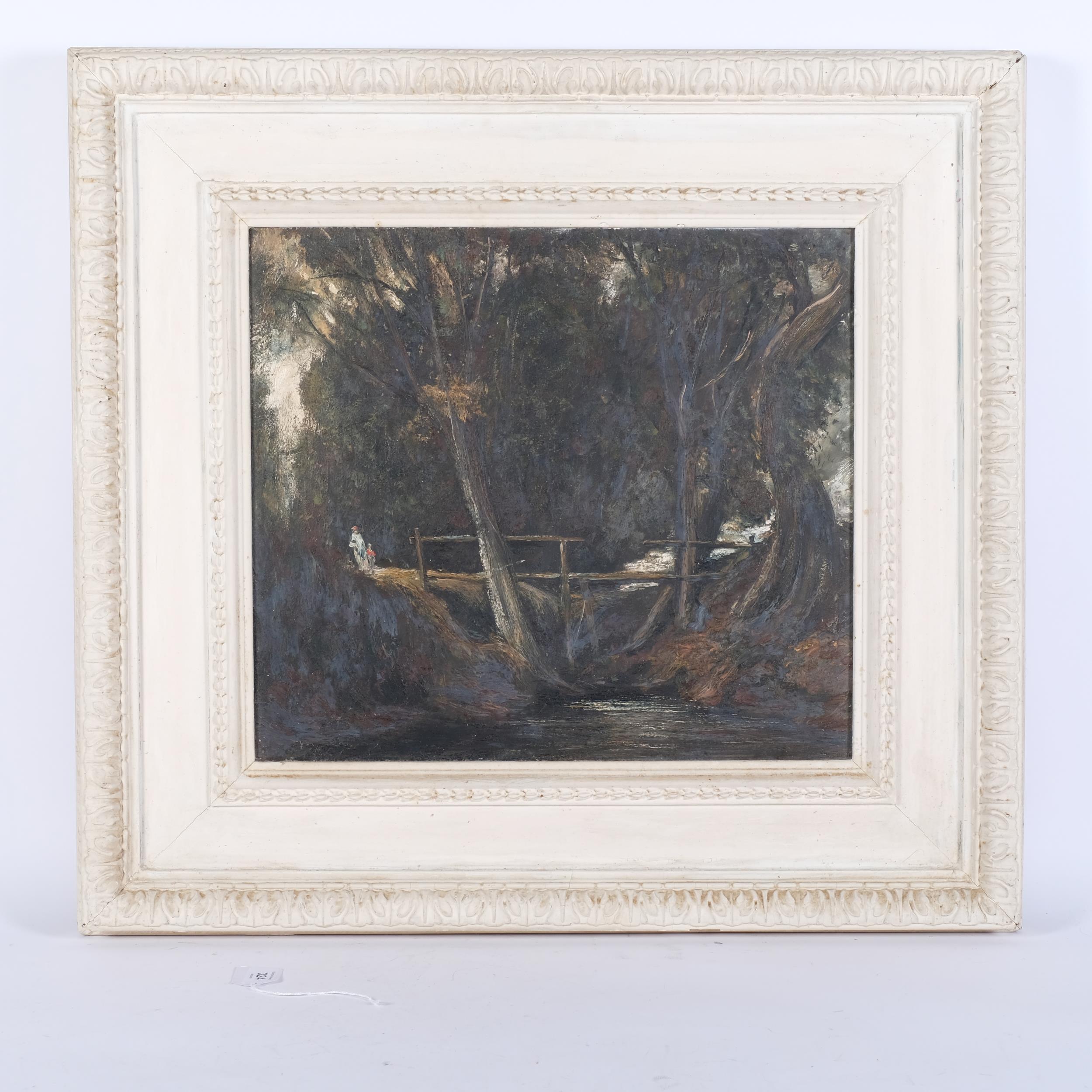 Figures by an old wooden bridge, early 20th century oil on board, unsigned, 39cm x 43cm, framed Good - Image 2 of 2