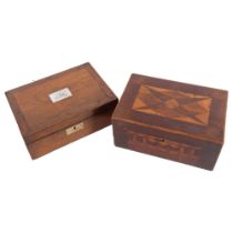 Antique marquetry-work sewing box and contents, and another with mother-of-pearl inlay to the lid,
