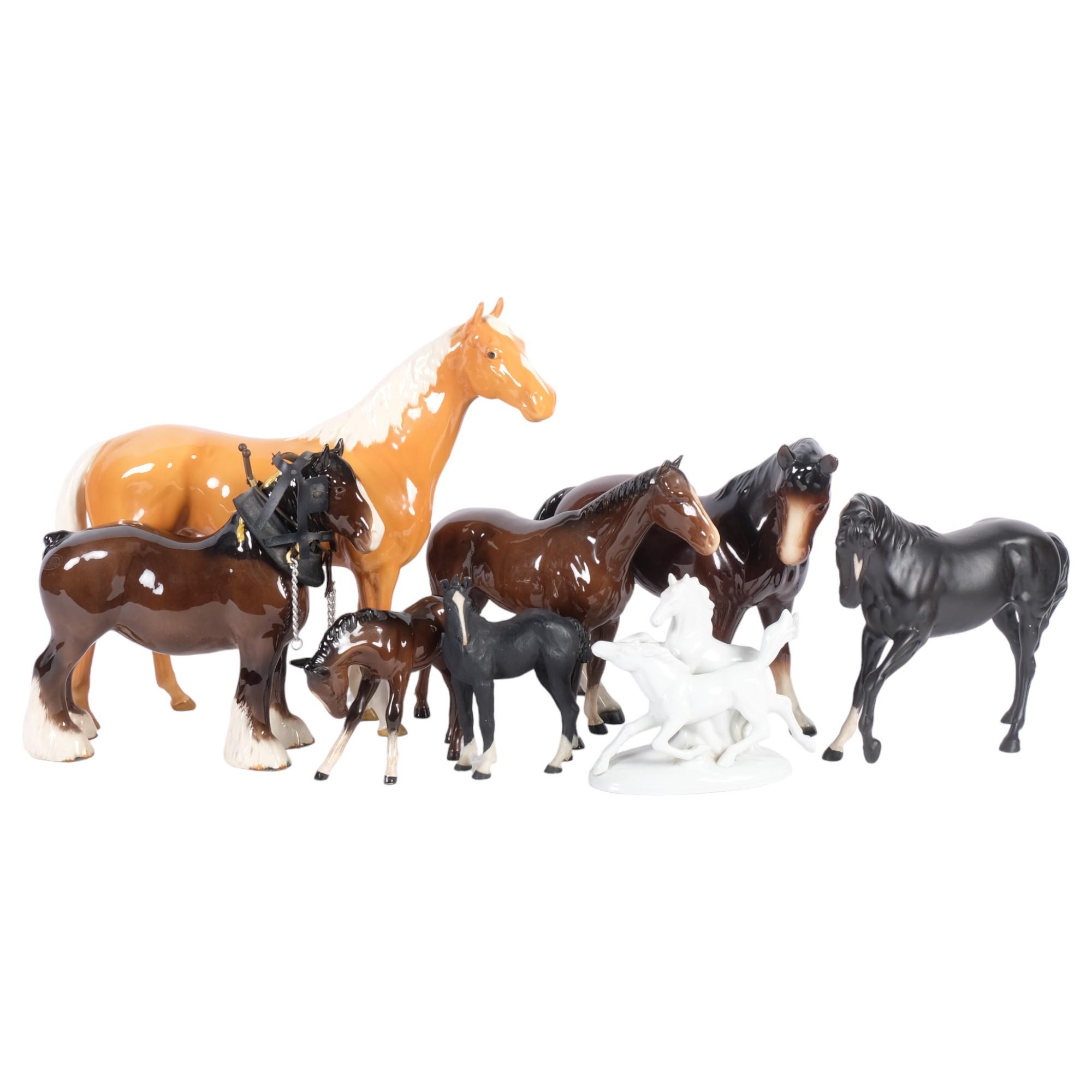 Beswick Shire horse, and a Beswick Palomino, H30cm (front leg glued), and other horse figures
