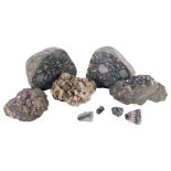 A calcite, fluorspar, copper pyrites and zinc blend geode, diameter 11cm, a calcite fluorite, with