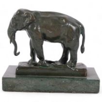 After A Barye, a patinated verdigris study of an Indian elephant, on rectangular marble stand, H12cm