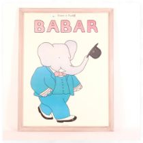 Babar, 2 coloured poster prints, the elephant, and on his travels, 86cm x 66cm overall, both framed
