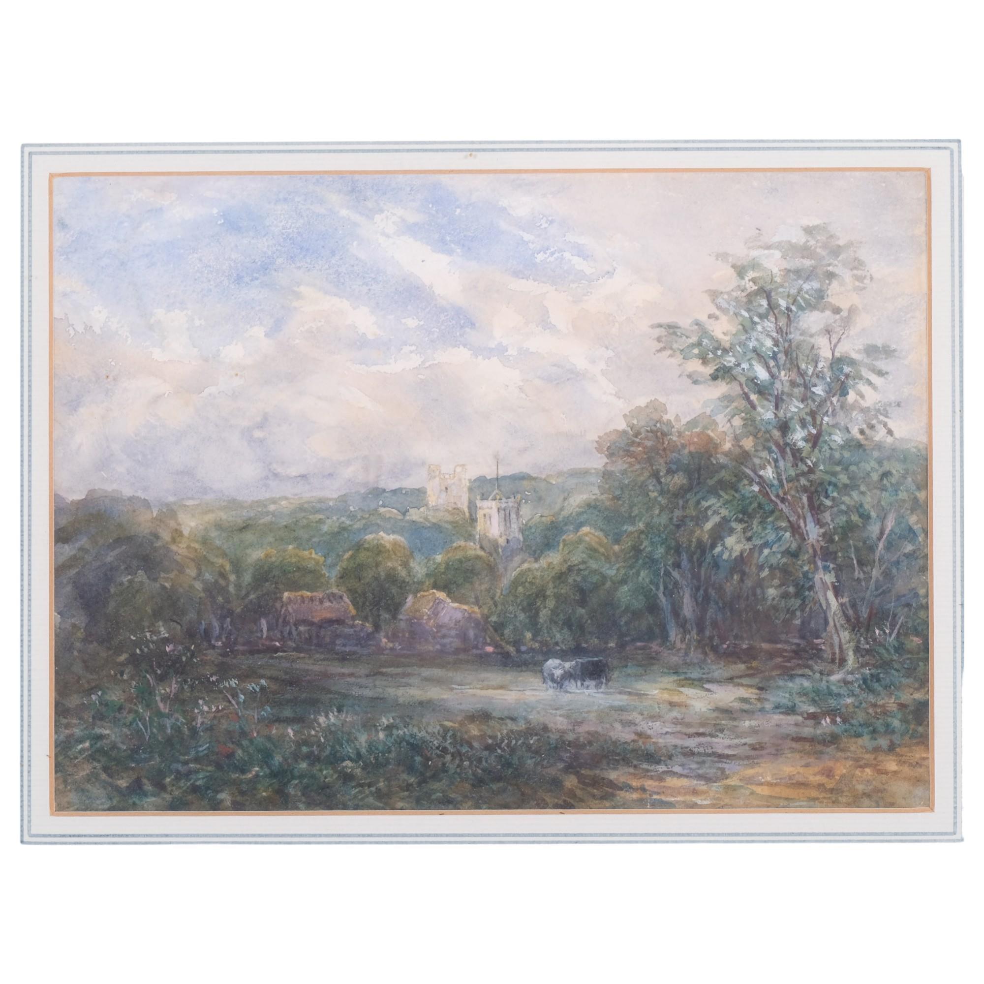 Watercolour, country landscape with church and cows, framed, 33cm x 39cm overall