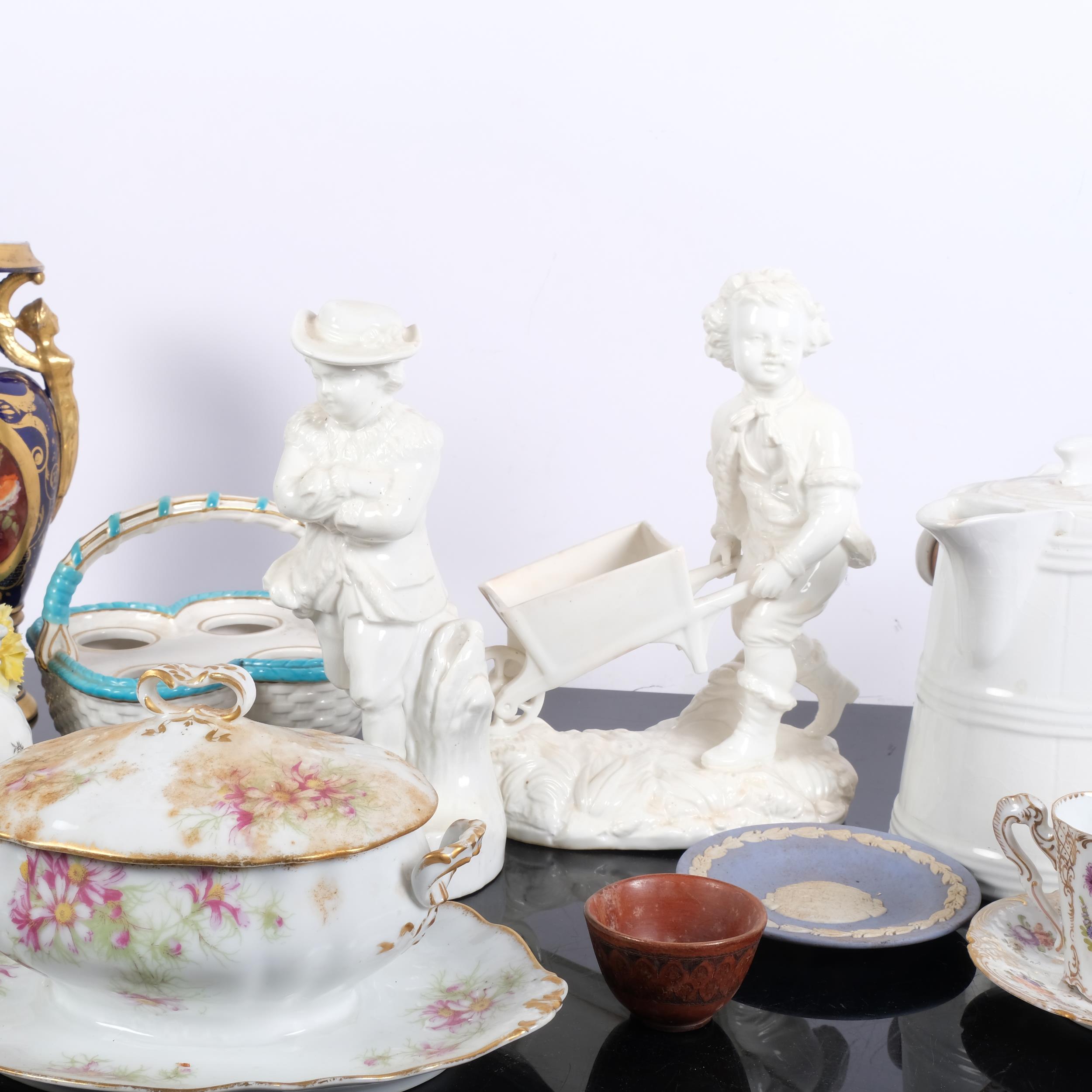 A Victorian porcelain child with wheelbarrow, Davenport egg stand, Dresden cup and saucer, etc - Image 2 of 2