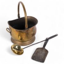 An Antique copper coal bucket, and associated accessories