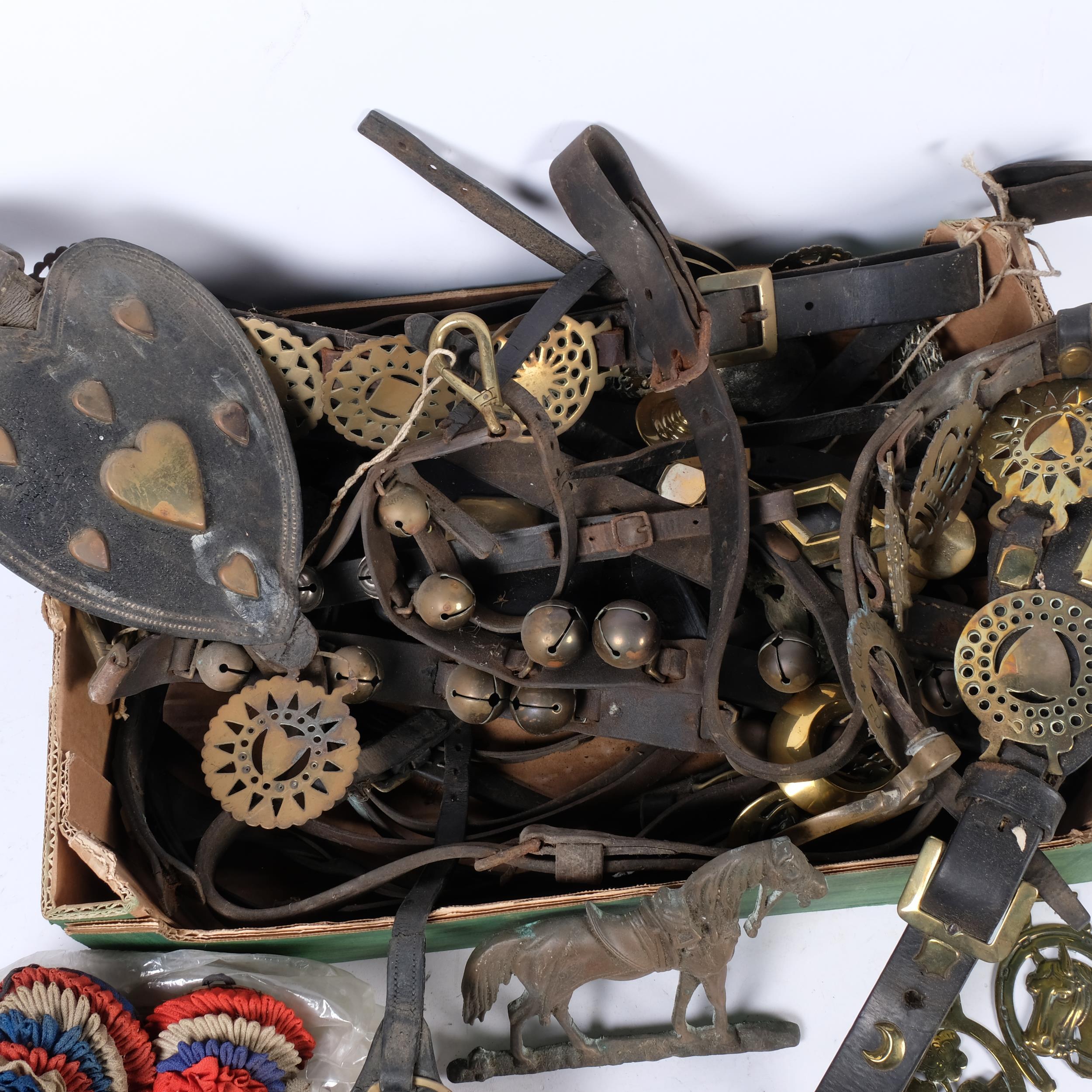 Various leather straps with horse brasses, bells, a copper horse figure, etc - Image 2 of 2