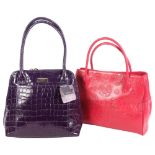 2 similar Osprey London leather handbags, 1 red and 1 purple, both with associated dust packaging