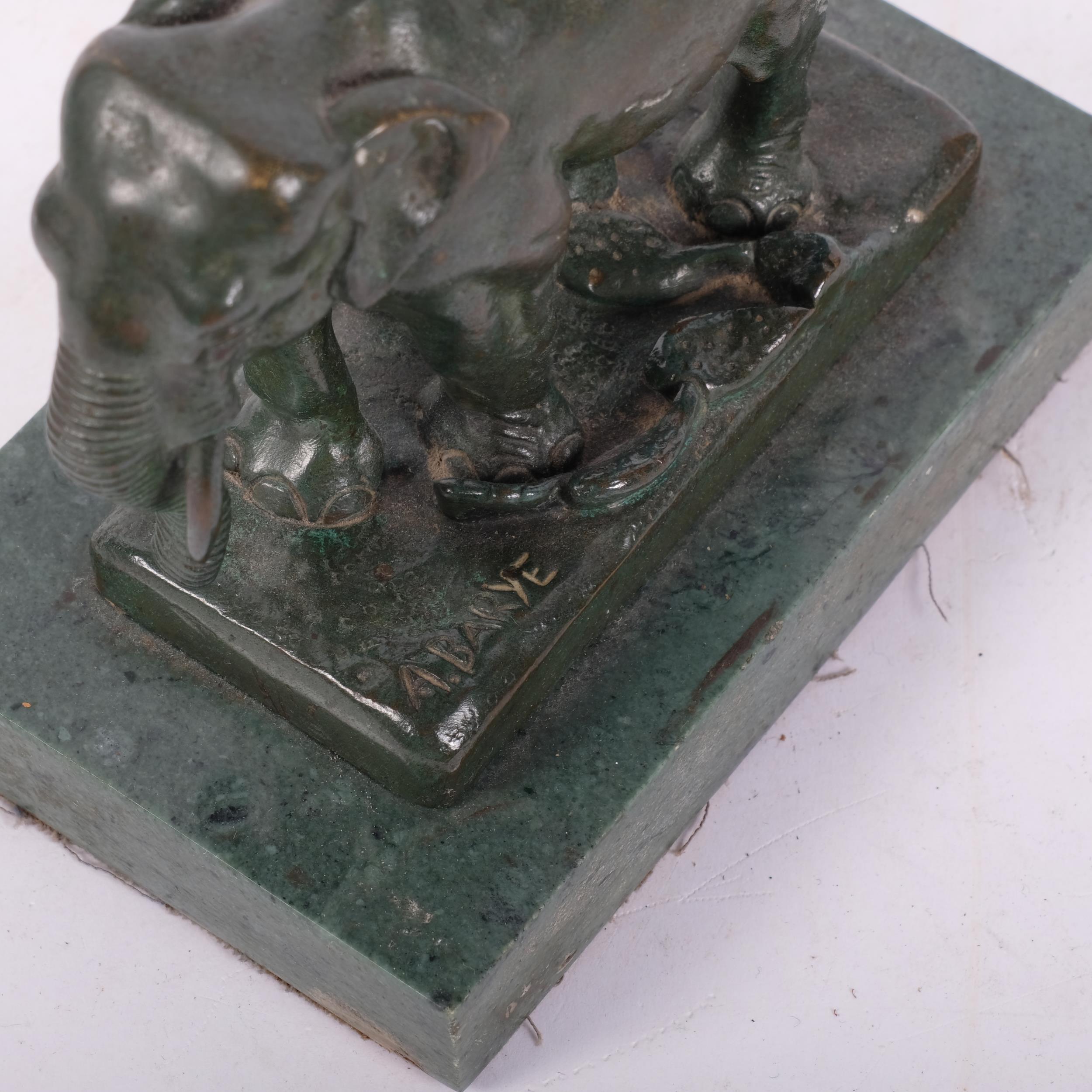 After A Barye, a patinated verdigris study of an Indian elephant, on rectangular marble stand, H12cm - Image 2 of 2