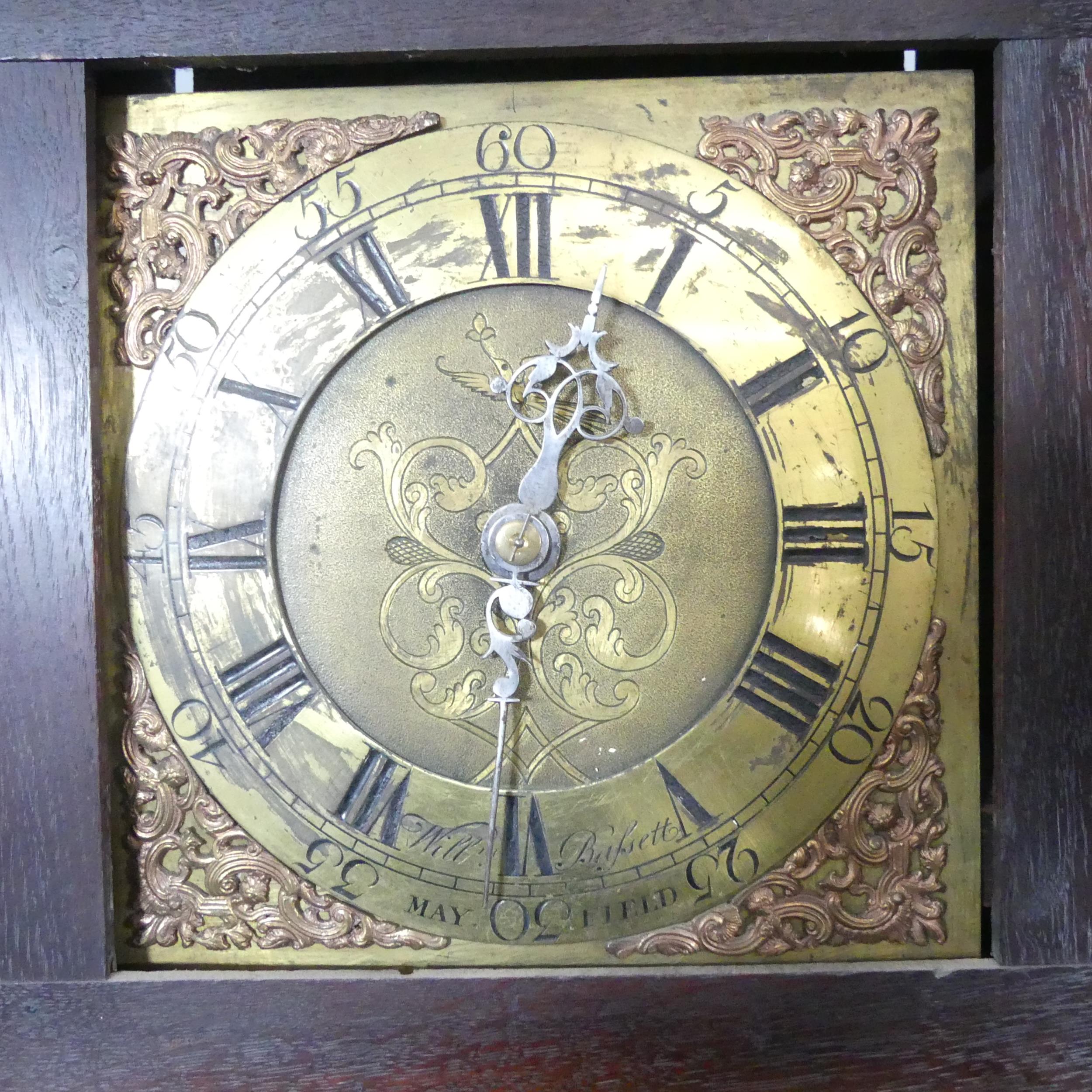 WILLIAM BASSETT, MAYFIELD - A 19th century oak cased 30 hour longcase cock, with 9 1/2" square brass - Image 2 of 2