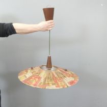 A mid-century pendant light fitting, with teak detail and opaline shade. Diameter 60cm.