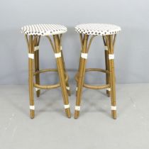 A pair of modern metal faux-bamboo bar stools. Height 80cm.