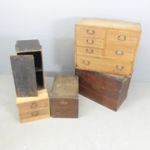 A Japanese tansu chest section, 65x52x32cm, two other chests, and two boxes. (5) Water damage to