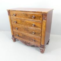 A mahogany William IV style chest of four long drawers with burr walnut veneered drawer fronts and