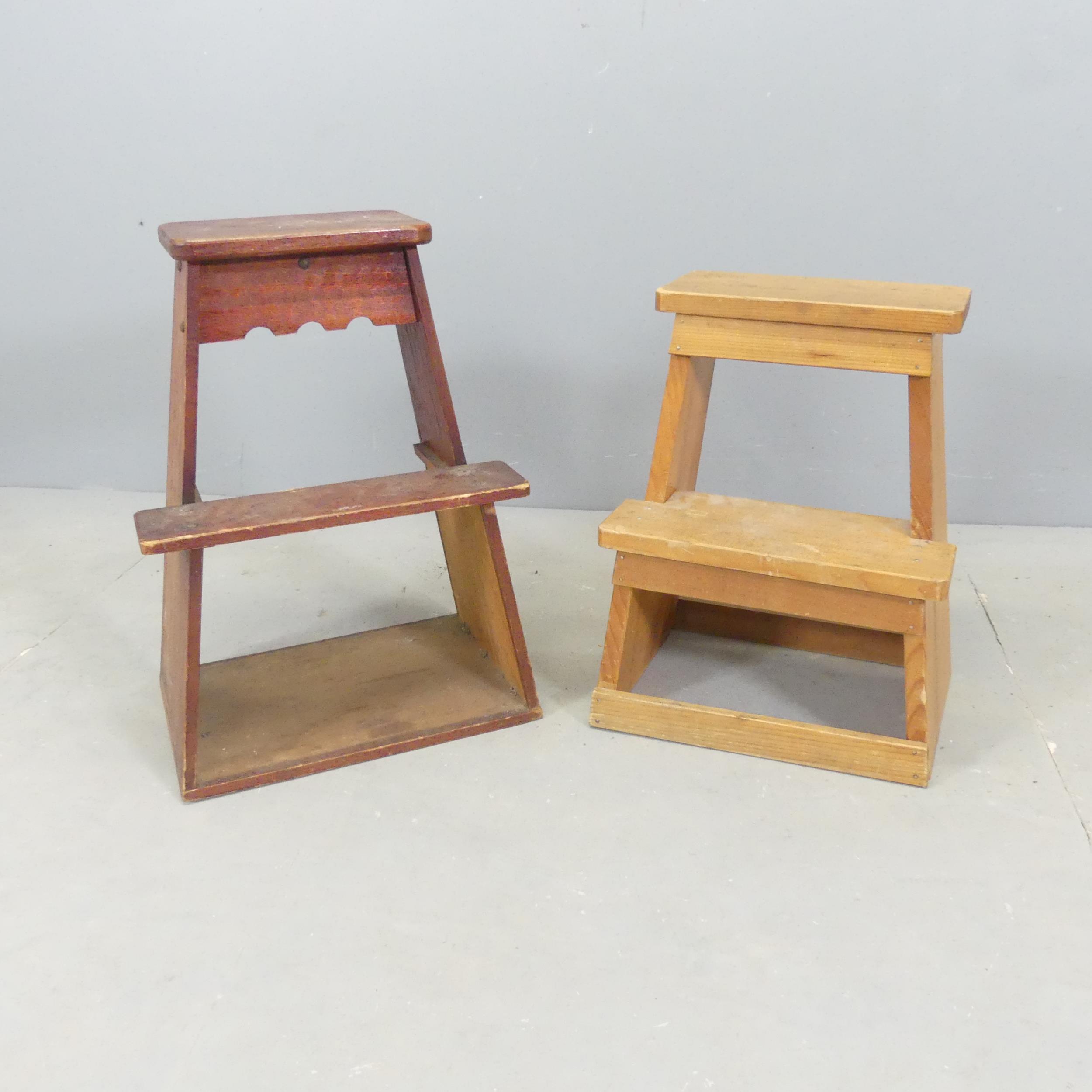 Two similar Japanese step stools. Tallest 39x64x27cm. No character marks. One constructed of