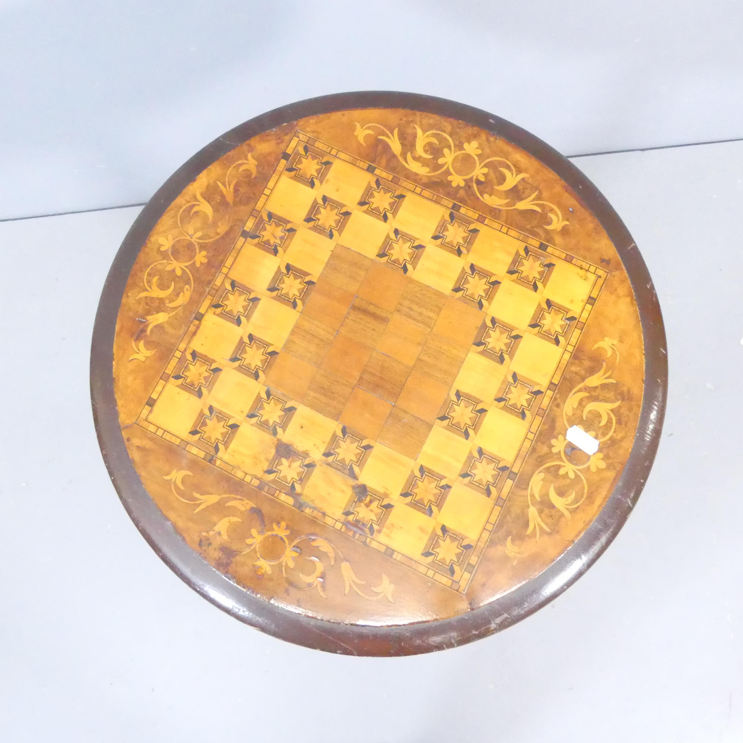 A 19th century mahogany and walnut veneered circular occasional table, with specimen inlaid games- - Image 2 of 2