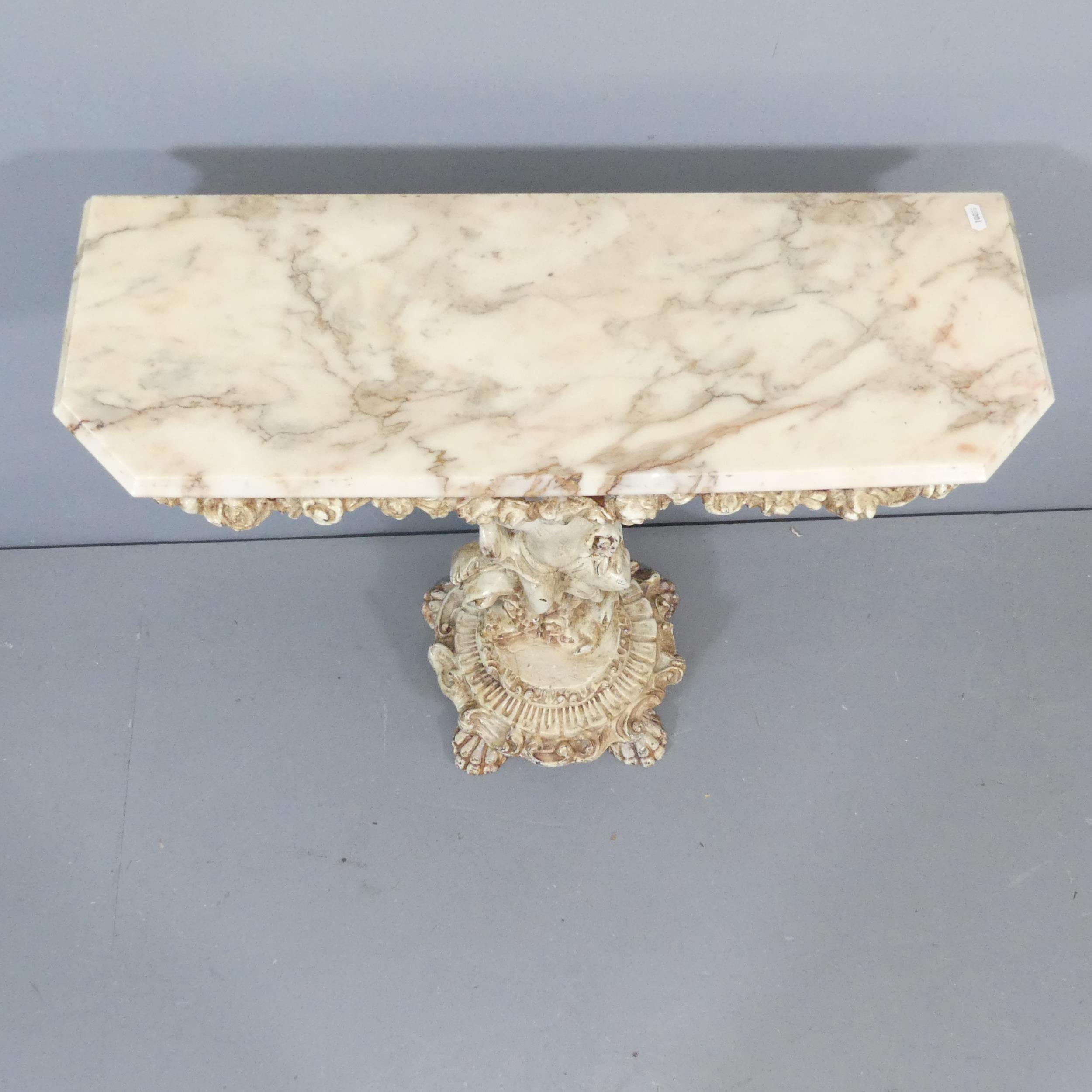 A continental marble-topped console table, on painted wooden cherub base with carved and painted - Image 2 of 3