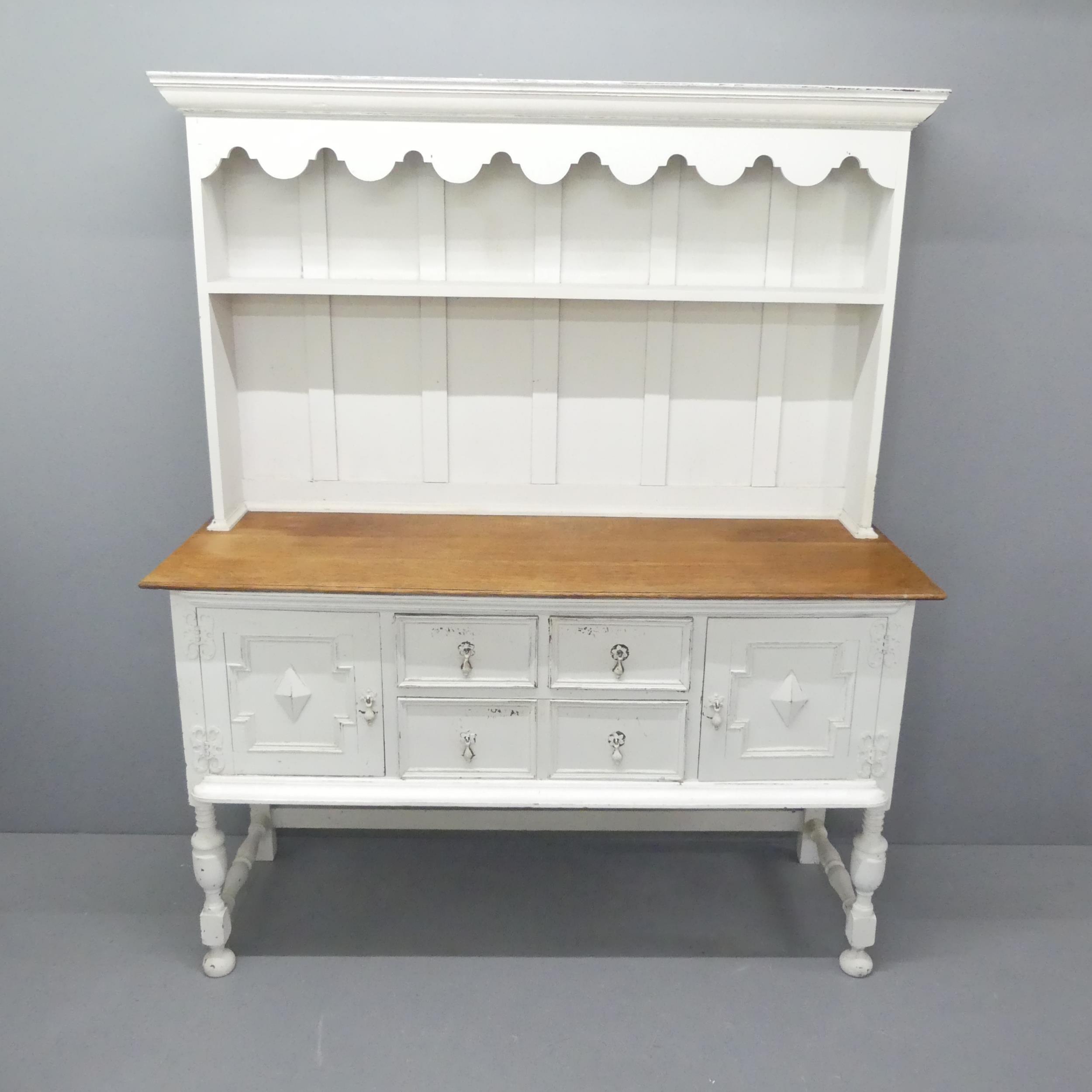 A painted pine two-section dresser. 153x184x56cm.