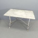A rectangular marble-topped garden table on painted cast-iron base. 100x74x60cm.