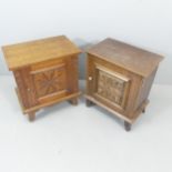 A matched pair of Breton French oak bedside chests, with applied carved decoration. Largest