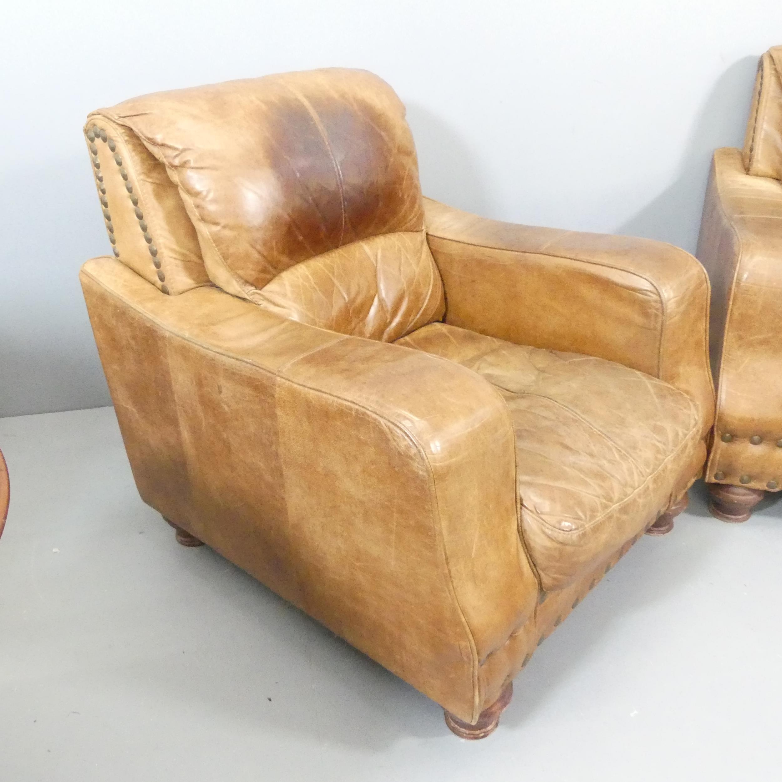 A pair of brown studded-leather upholstered club armchairs. Overall 85x94x94cm, seat 48x40x60cm. - Image 2 of 2