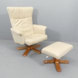 A reclining faux-leather upholstered swivel reclining lounge chair and matching footstool, in the