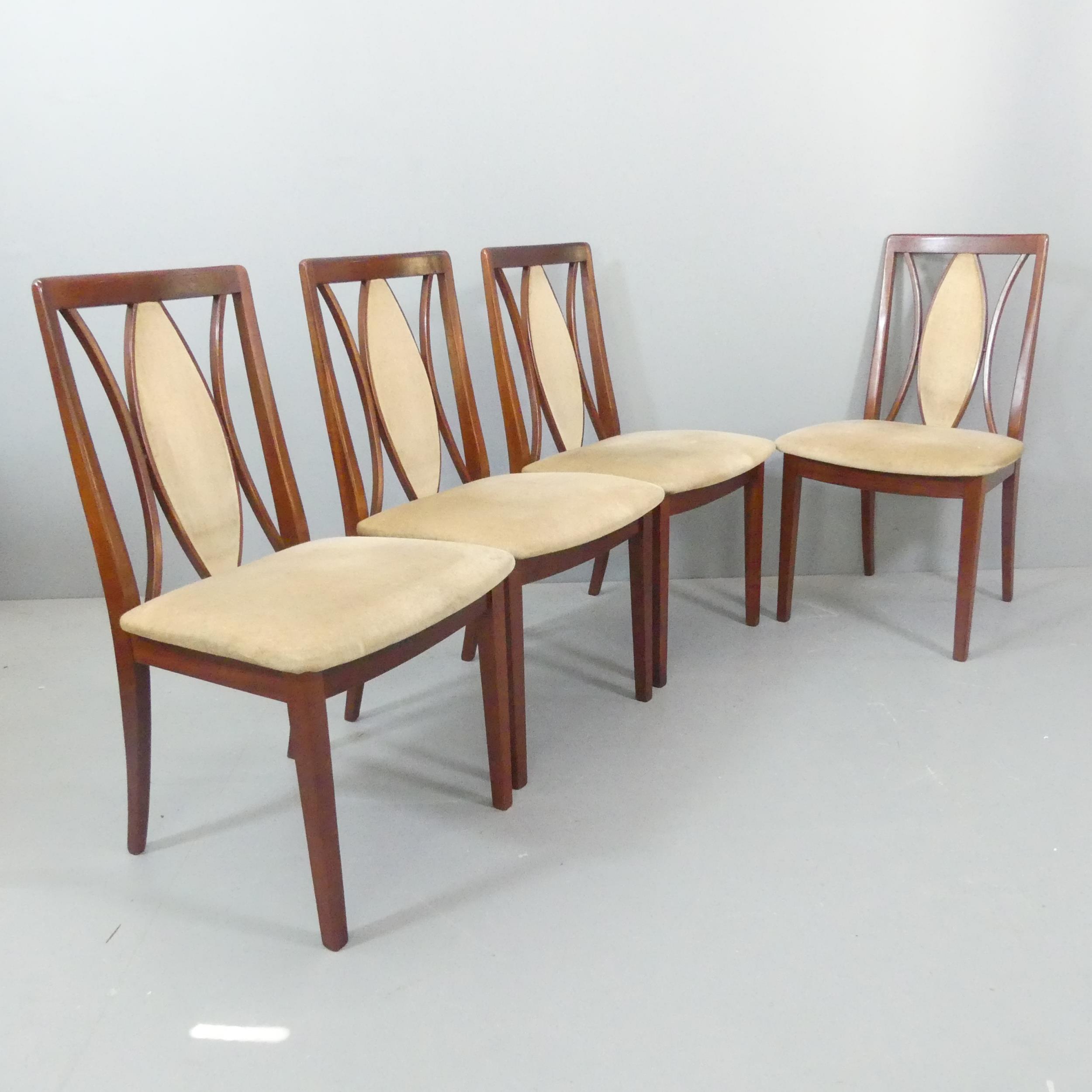 G-Plan - a set of four mid-century teak and upholstered curve back dining chairs, with maker's