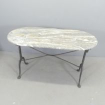 An oval marble-topped garden table on cast-iron frame. 129x72x60cm.